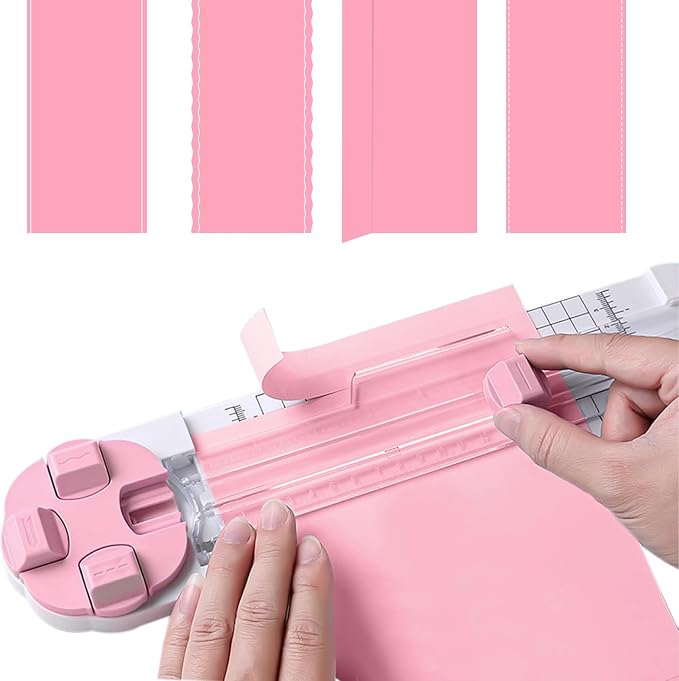 Paper Cutter,4-in-1 Paper Trimmer,Photo Cutter,Multi-Function Scrapbooking Tool with Dial Blades of Straight,Wave,Perforated,Creasing for Cutting Paper,Coupons,Postcards,Card (Pink)