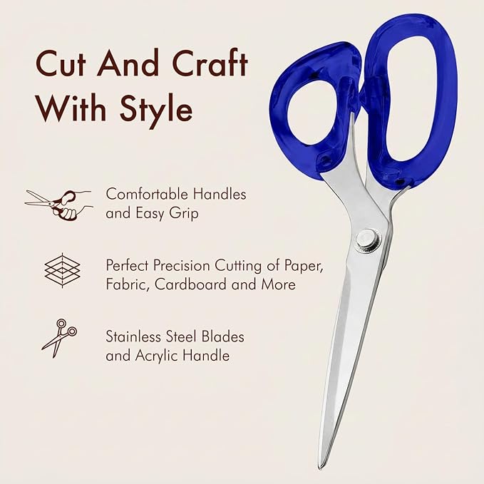 9” Stainless Steel Acrylic Scissors, Blue with Silver Metal | Aesthetic and sharp all purpose scissors, Perfect for sewing, arts, and crafts, Stationery tools for office, and school