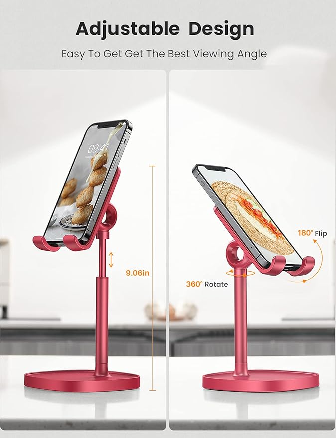 LISEN Cell Phone Stand Adjustable Phone Holer for Desk, Computer Office Desk Accessories for iPhone 16 Holder Women Kitchen Essentials Fits All Mobile Phones Switch Kindle iPads Tablet 4-10in Red