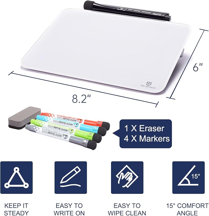 Small Desktop Whiteboard - Glass Dry Erase Board 8 X 6 Inches Tabletop Easel Whiteboard with Stand, Desk Board Buddy for Artist, Teacher and Student