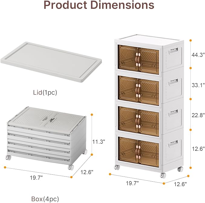 Stackable Storage Bins with Lids, 192QT Lockable Storage Cabinet | Folding Storage Box with Doors and Wheels, Collapsible Plastic Drawers for Home, Garage, Office