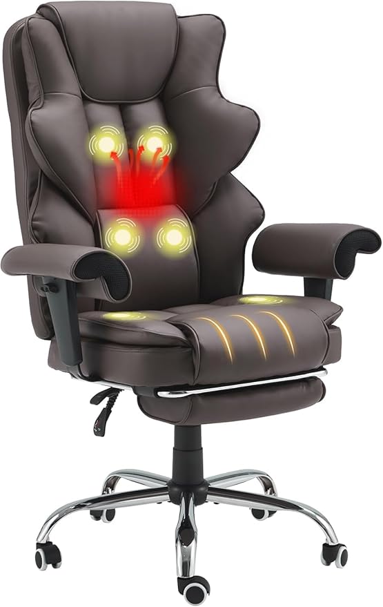 6-Point Massage Executive Chair,Heat Office Chair,Ergonomic Home Office Desk Chairs with Retractable Footrest and Reclining Function,Leather Computer Chair with Adjustable Armrest(‌Brown)