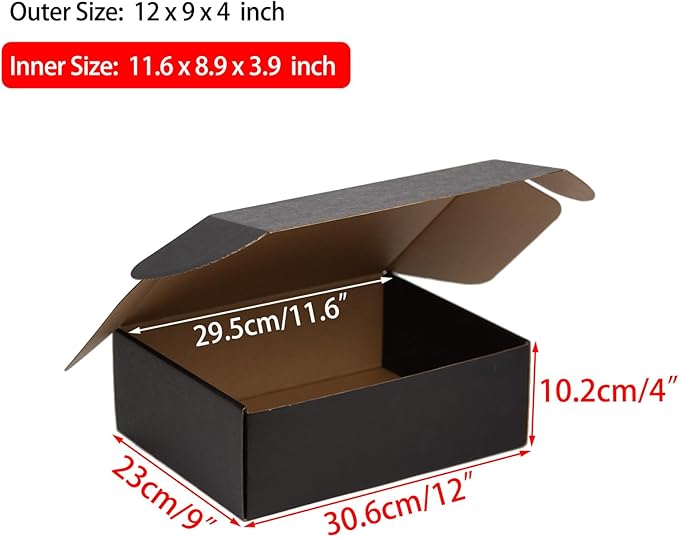 12x9x4 Inches Shipping Boxes Pack of 20, Packaging Corrugated Cardboard Mailer Boxes for Small Bussiness, Black