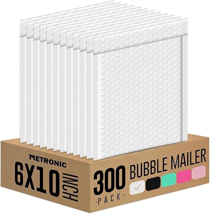 METRONIC Bubble Mailers 6x10" Padded Envelopes White 300 Pack Waterproof | Usable Size 6x9",Shipping Bags,Self-Seal Small Cushioning for Jewelry Makeup Supplies,Packaging Bulk,Tear-Resistant Opaque