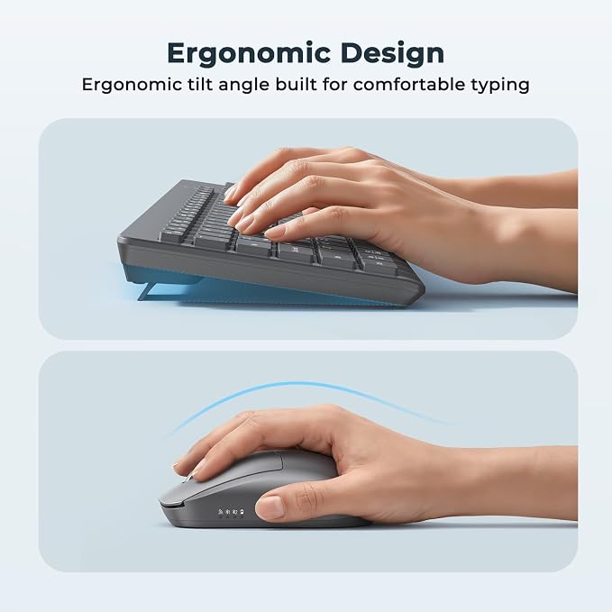 Wireless Keyboard and Mouse, 2.4GHz/Bluetooth Quiet Full Size Set, Gray | Dual-mode Bluetooth and 2.4GHz connection with a 3200 DPI adjustable mouse and extended battery life for daily use