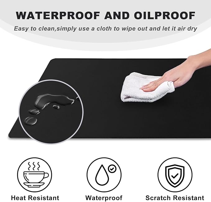 39.1" x 23.5" Waterproof Fabric Desk Pad, Black | Rubber Anti-Slip Base Stitched Edges No Curling Fits Laptop Keyboard and Mouse Smooth Office Mat Large Mouse Pad Work Game