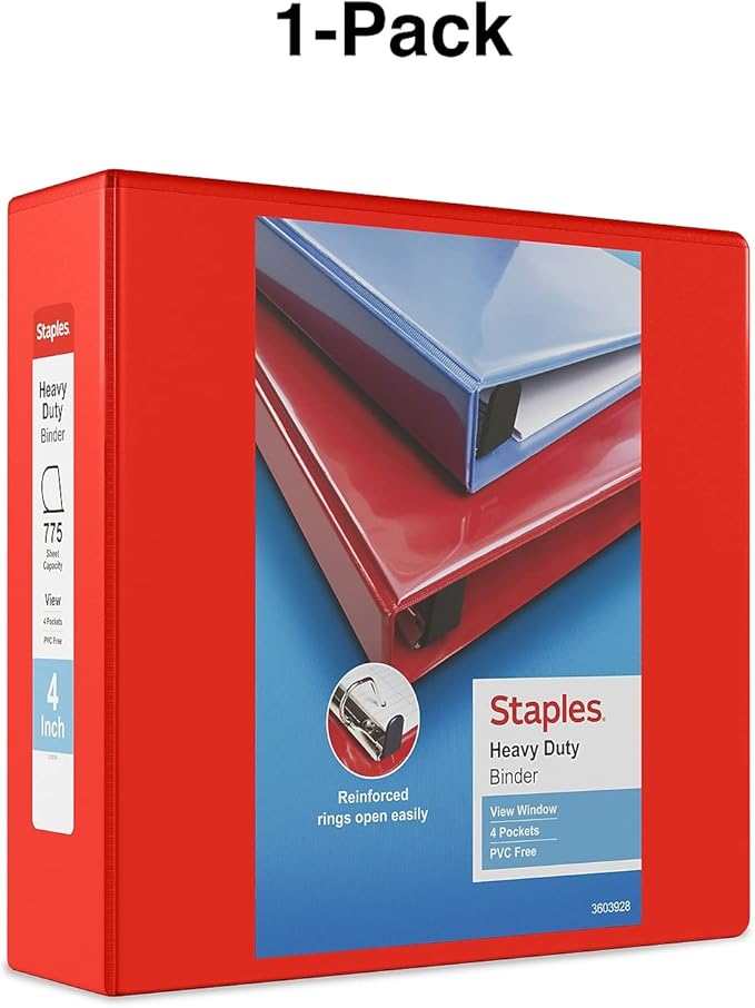 Staples Heavy-Duty 4-Inch D-Ring View Binder, Extra Large Capacity Holds Up to 800 Sheets, Red, for Office, School & Archiving