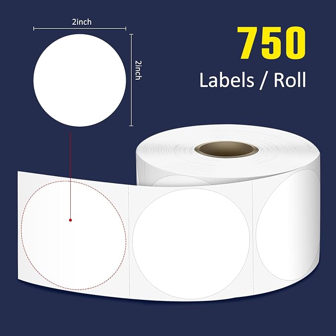 L LIKED 2" Round Direct Thermal Labels 7500 Permanent Adhesive Labels | 10 Rolls, 750 Labels/Roll, BPA Free, Block Old Information, Perforated, Compatible with Most Desktop Printers