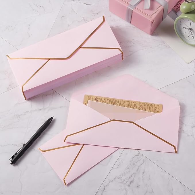 30 Pack #10 Business Envelopes with Stickers, Thick Paper, Light Pink | 4 1/8 x 9 1/2 Inches, Self Seal Standard Envelopes with Gold Border For Letter Mailing, Greeting Cards