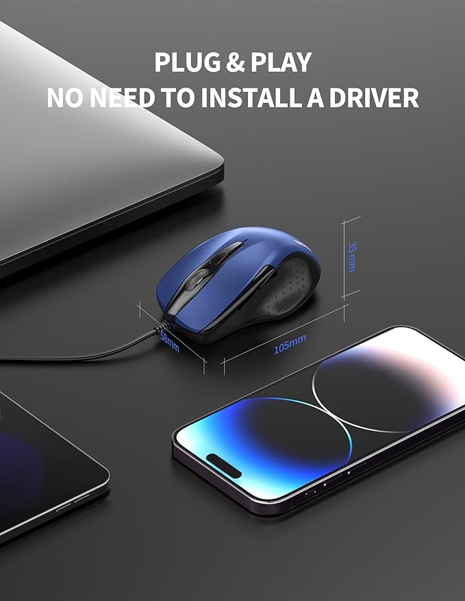 TECKNET USB Wired Mouse, 6-Button Corded Computer Mouse with 4 Adjustable DPI, Optical Computer Mice with Ergonomic Design and 5FT Cord for Laptop, Chromebook, PC, Desktop, Mac, Notebook-Blue