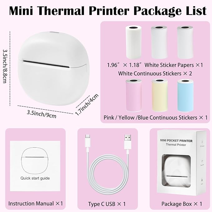 Sticker Printer, Portable Thermal Sticker Maker with 6 Rolls Paper, Mini Bluetooth Label Maker Machine for Study Note, Teacher, Home, School, DIY Creations, Memo