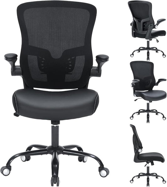 Office Chair PU Leather Cushion, Ergonomic Desk Chair with Flip-Up Arms, 300 LBS Home Office Desk Chairs Adjustable Seat Height & Lumbar Support, Executive Comfy Swivel Task Computer Chair