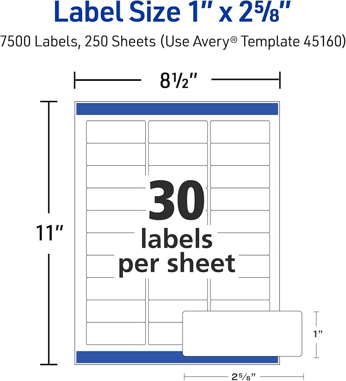Avery Easy Peel Printable Address Labels, Sure Feed Technology, 1" x 2-5/8" Customizable Stickers, White, 7,500 Blank Mailing Labels, Great for Mailing, Shipping, and More (45160)