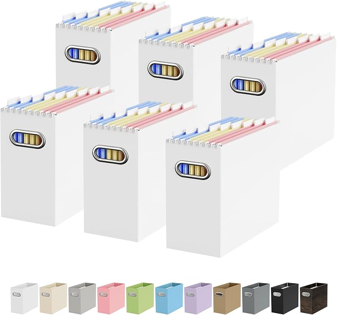 Portable Collapsible Cardboard File Box with Handle for Letter-Size | 6-Pack. Stainless Steel Handle. Label Stickers Included. Fits Letter Folders (Not Included). Home, Office, School, Dorm, Tax.