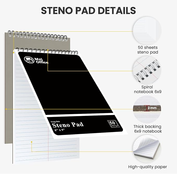 Steno Pads Spiral 6x9 12 Pack | Steno Notebooks Top Spiral Notepad | Steno Notepad 50 Sheets Each | Gregg Ruled Spirals Notebook 6x9 | Notebooks for Work.