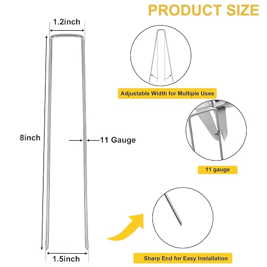 HongWay 120 Pack Landscape Staples 8 Inch, Galvanized Garden Stakes | 11 Gauge U-shaped Metal Tent Stakes Heavy Duty Ground Yard Staples for Landscaping Fabric, Fence, Irrigation Hose