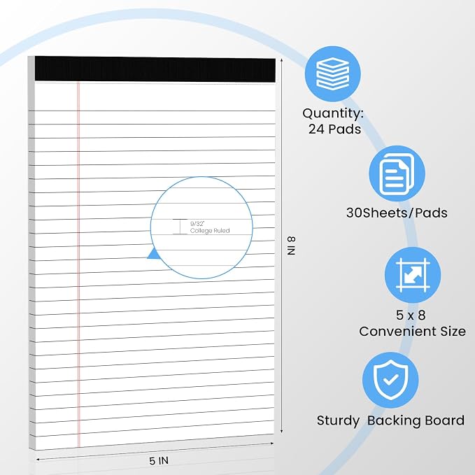 24 Pack Notepads 5x8, White, Small Legal Pads, Perforated Notebook | Ciphyfee College Ruled Note Pads for School, Note Taking, Teacher & Office Supplies, Writing Pads,30 Sheets/Pack