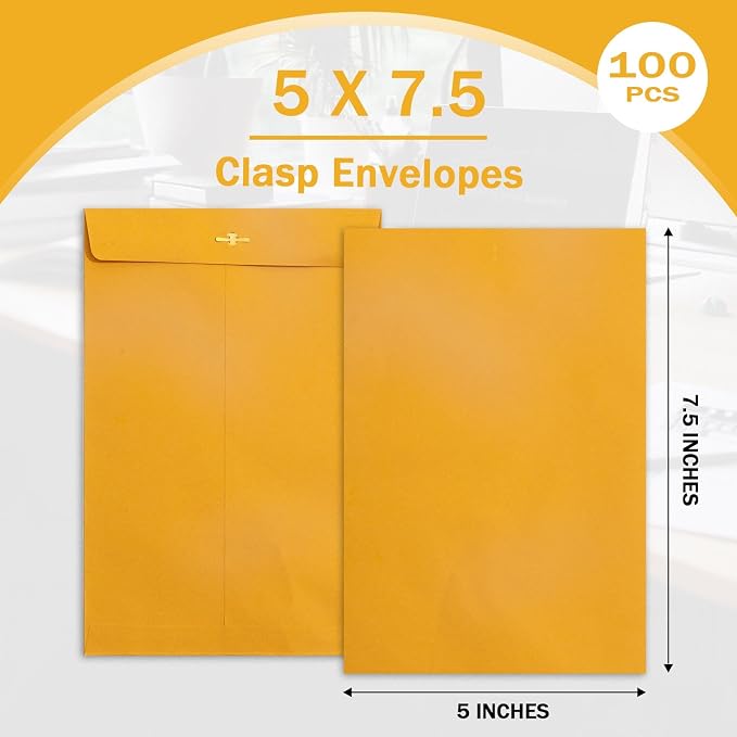 Goefun Small Manilla Envelopes 5 x 7.5 inch, 100 Pack | Clasp Closure, Gummed Seal, For Mailing, Photos & Storage