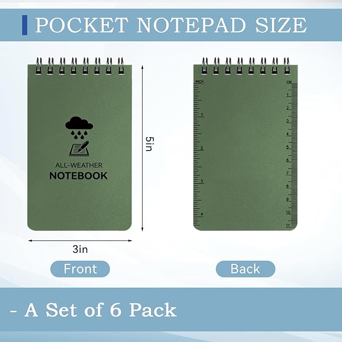 6 Pack Waterproof Notebook, 3 x 5 Pocket Notepad, Top-Spiral Weatherproof NotePad, All Weather Police Pocket Notebook Little Memo Steno Note Pads for Outdoor Office School Recording, Army Green