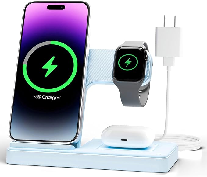 GETPALS Wireless Charger iPhone Charging Station for Apple Multiple Devices | 3 in 1 Charger Stand for iPhone 17 Pro Max 17e 16 16e 15 14 13 12 & Watch Series 11-2 SE Ultra & Airpods 4 3 Pro, Blue