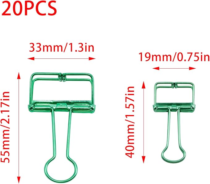 20 Pcs Hollow Out Long Tail Wire Binder Clips, 10 Medium + 10 Small | Green, Assorted Sizes, Hollow Binder Clamps, Paper Binder Clips for Office School Supplies