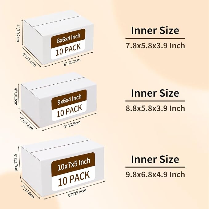 RLAVBL 30 Pack Shipping Boxes Assorted Sizes 8x6x4 & 9x6x4 & 10x7x5, White Corrugated Cardboard Mailers for Packing, Mailing, Business