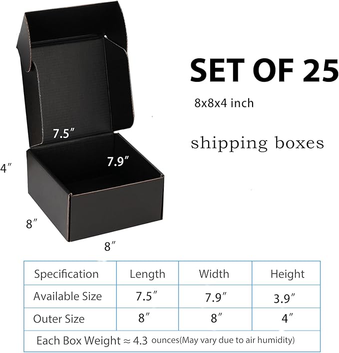 Small Shipping Boxes 8x8x4 Inch (25 Pack) - Sturdy Black Corrugated Cardboard Boxes for Small Business, Ecommerce, Mailing & Packaging | Recyclable Gift & Storage Boxes