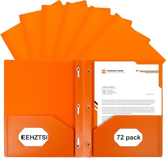 72-Pack Plastic Folders with Pockets and Prongs,2-Pocket Folders with 3 Fasteners, Holds 8-1/2" x 11" Paper for School/Office/Home, Orange