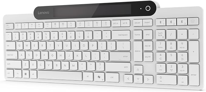 Lenovo 800 Self-Charging Bluetooth Keyboard, Battery-Free Wireless Keyboard with Light-Powered Charging, Multi-Device BT 5.1, Connect Up to 3 Devices, Compatible with Windows, macOS, ChromeOS, White