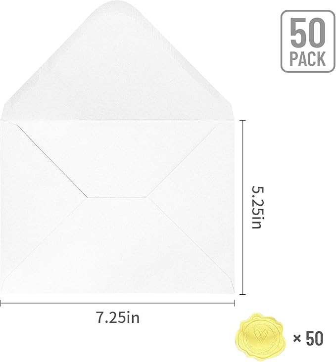YINUOYOUJIA 50 PCS White Specialty Paper Envelopes A7, 5 x 7 Envelopes for Invitation, Great for Wedding Invitation Cards, Photos,Perfect for Birthday, Baby Shower, Graduation, Christmas