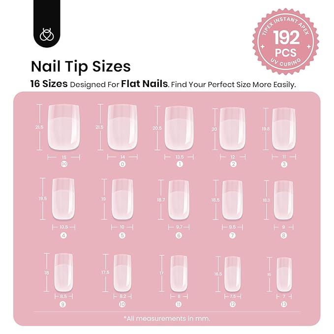 Beetles Tipex Instant Apex Nail Tips, Short Square, 16 Sizes |00–14, 192pcs, Built-In Apex, No Builder Gel Required, Thicker Strong Acrylic Tips for DIY Nail Extensions
