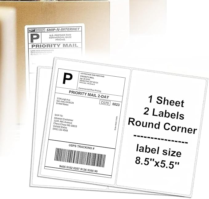 LabelMore 8.5'' x 5.5'' Half Sheet Self Adhesive Shipping Labels for Laser & Inkjet Printers - Rounded Corner - Shipping Labels 2 Per Sheet (20000 Labels)