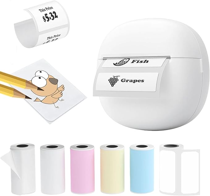 Sticker Printer, Portable Thermal Sticker Maker with 6 Rolls Paper, Mini Bluetooth Label Maker Machine for Study Note, Teacher, Home, School, DIY Creations, Memo
