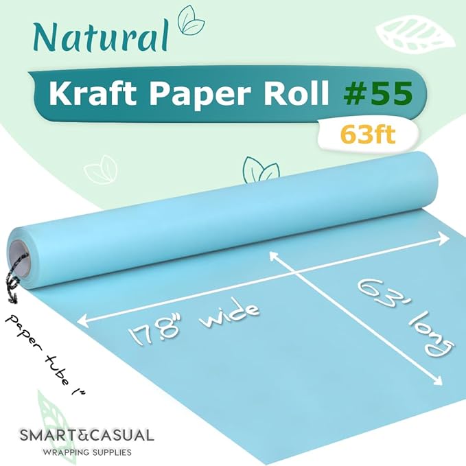 SMART&CASUAL 17.8" x 760" (63') Light Blue Kraft Craft Paper Roll for Gift Wrapping Bulletin Board Bouquet Flower Kids Art Packing Parcel Table Covering 80GSM 55LB (Light Blue, 17.8" x 63')