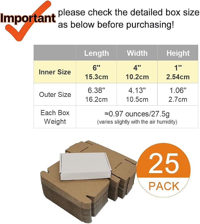 6x4x1'' Small Shipping Boxes 25 Pack (Inner Size), Corrugated Cardboard Mailers for Business, White (CM641-25)