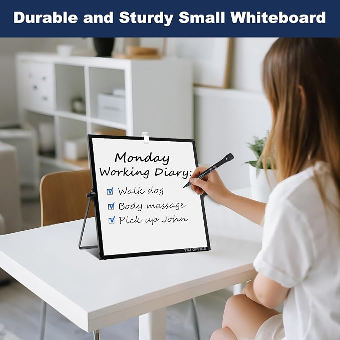Small White Board - 10 X 10 Inches Black Framed Dry Erase Board | Magnetic Desktop Whiteboard Stand 360 Degrees Revolving Double Sided for Office, Home, School, with Hooks for Wall