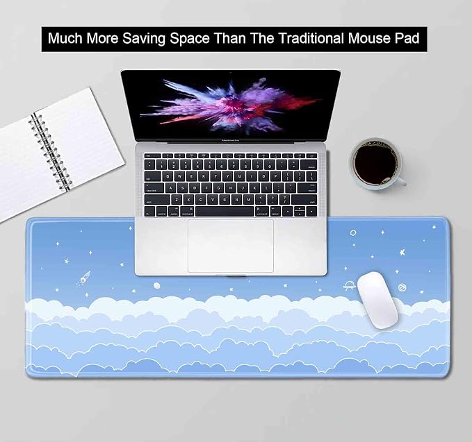 Cute Pastel Blue Desk Mat, Minimalist Large Gaming Mouse Pad Mousepad for Laplop, Kawaii Anime Desk Pad, Gradient White Clouds Computer Pads, Aesthetic Stars Moon Deskpad, 31.5 X 11.8 Inch