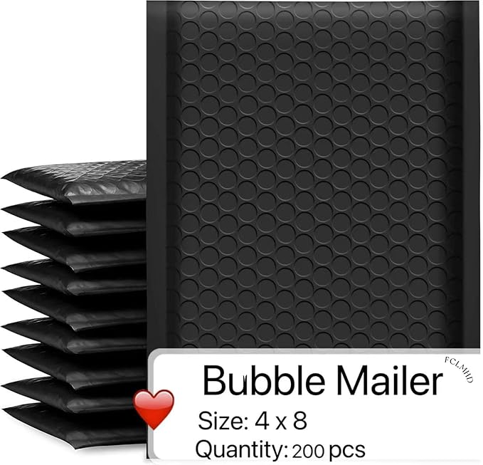 FCLMHD Poly Bubble Mailers 4x8 inch 200pcs Waterproof Envelopes Shipping Envelopes Bags Black Padded Bubble Envelopes for Shipping/Packaging/Mailing Self-Seal (200, 4x8)