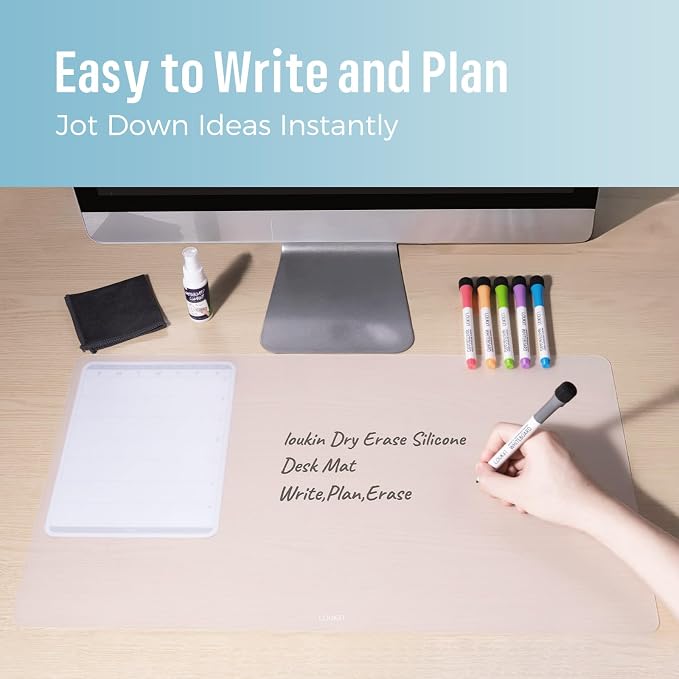 loukin Dry Erase Silicone Desk Mat, 23.6"x13.8" Desk Pad with Planner | Write & Erase Surface, Non-Slip, Waterproof Table Protector, Heat Resistant, Food-Grade Silicone, All-In-One Set