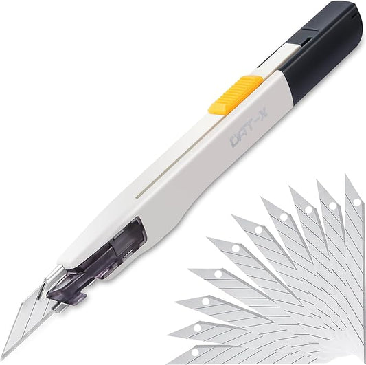 Utility Knife, DAT Series-X Portable Box Cutter, Fine Point Arts and Crafts Blade for Precision Cutting, with 10 Blade Pieces (White, 1 Cutter 10 Blades)
