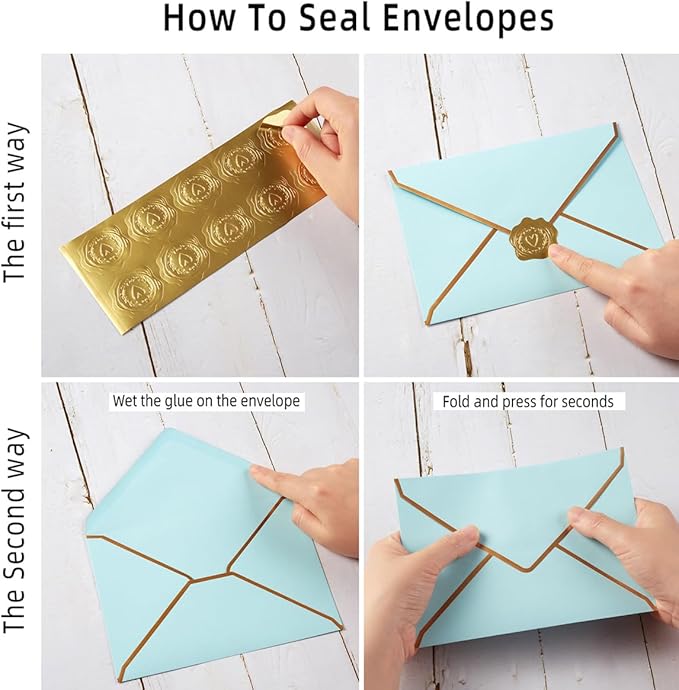 50 Pieces A7 Envelopes with Gold Border, 5.24 x 7.21 Inches Envelopes with Gold Stickers for Greeting Cards and Invitation (Light Blue, A7-5x7)