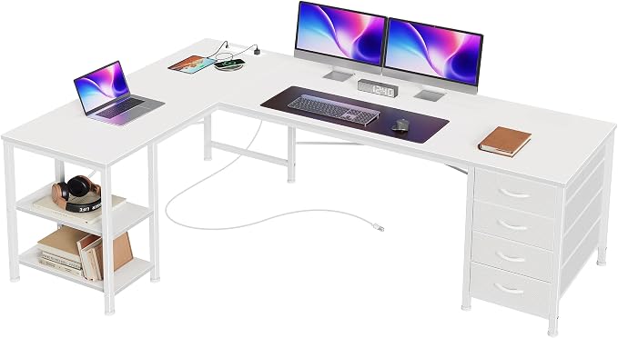Huuger 55 Inch L Shaped Desk with Fabric Drawers, Reversible Computer Gaming Desk with Power Outlets and USB-C Port, Adjustable Side Storage Shelves, for Work Corner Home Office, White