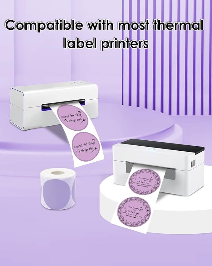 2 Inch (50.8mm x 50.8mm) Round Thermal Sticker Labels, Self-Adhesive Circle Direct Thermal Label, Multi-Purpose Roll Sticker for DIY Logo Design, QR Code, Name Tag, Roll of 500 Labels, Purple