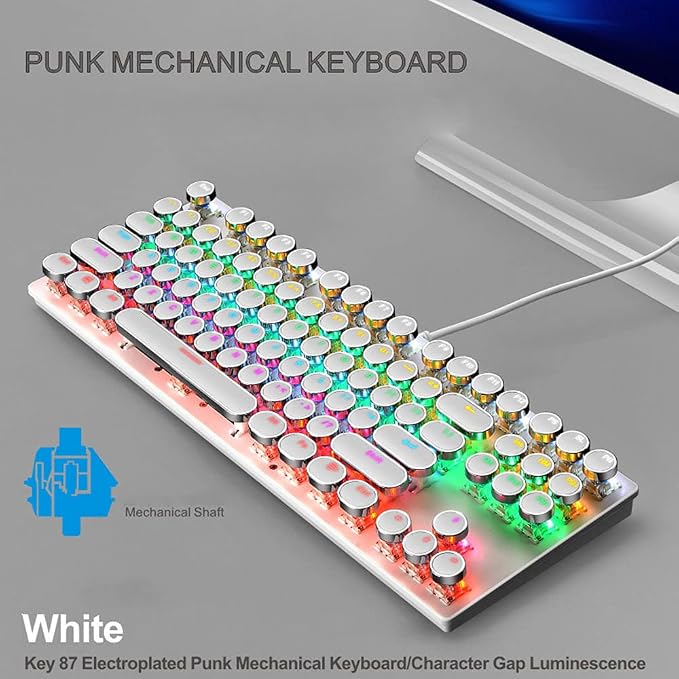 Mechanical Gaming Keyboard and Mouse Combo, 87 Key Retro Punk Typewriter-Style,Blue Switch RGB Rainbow Backlit Keyboard,Cool Breathing Light Lightweight Gaming Mouse for Game and Office,White