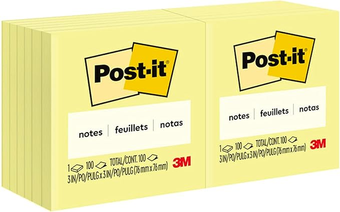 Post-it Notes 3x3 in, 12 Pads, America's #1 Favorite Sticky Notes, Canary Yellow, Clean Removal, Recyclable (654)