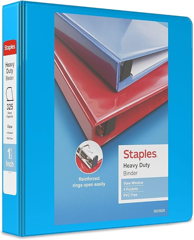Staples Heavy-Duty 1.5-Inch D-Ring View Binder, Reinforced Spine, Holds Up to 350 Sheets, Light Blue, for Office & School