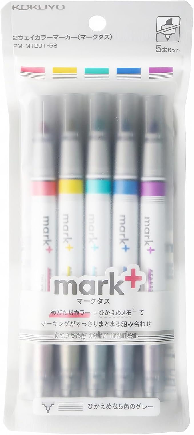 KOKUYO Pastel Highlighters, Dual-Tip Highlighter Markers for Bible in Assorted Colors, Fine & Chisel Tip No Bleed Quick-Dry for Journals, Planners, Notes, Grey Colors. Japan Import (PM-MT201-5S)