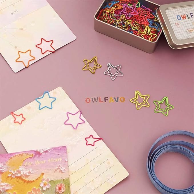 OWLFAVO 100pcs Star Shape Paper Clips with Clear Box, 10 Colors, Funny Cute Paperclips Bookmarks Planner Clips for Fun Office Supplies School Gifts Wedding Decoration