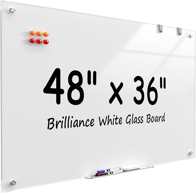 MaxGear 48" x 36" Glass Whiteboard Wall Mounted for Office Home Classroom | Magnetic Glass Dry Erase Board, Tempered Glass, Steel Backed, Non-Porous Surface, Frameless Design, Hardware Included