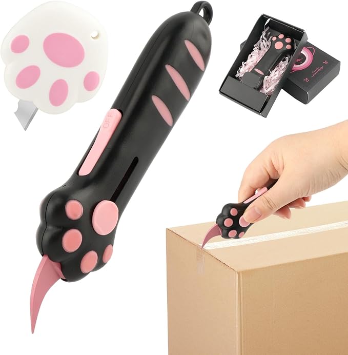 2 Pack Cat Paw Box Cutter, Portable Retractable Kitty Claw Box Cutter, Mini Utility Knife for Cats Lovers, Cute Cat Claw Knife for Effortlessly Opening Boxes, Cartons, Packages & Sealing Tape